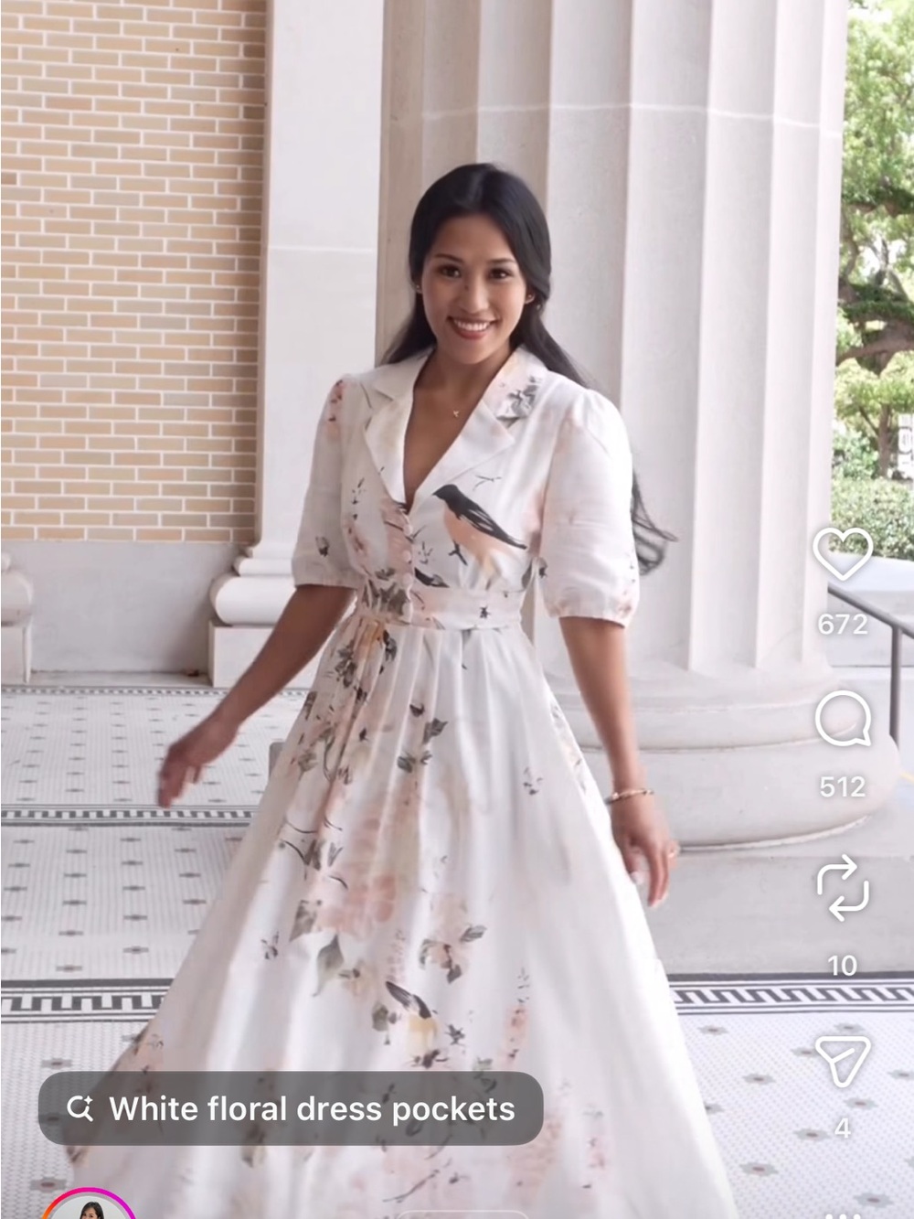 Brand New Chillinen White Bird Floral Linen Dress with Puff Sleeves size L - Picture 2 of 8